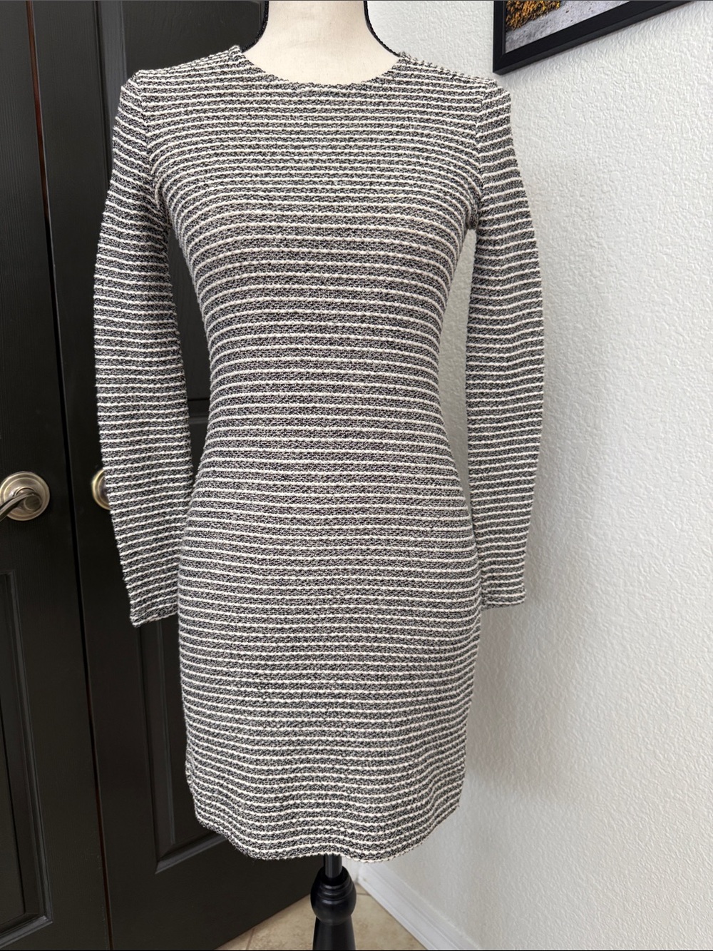 Banana Republic Gray and White Striped Long-Sleeve Knit Dress